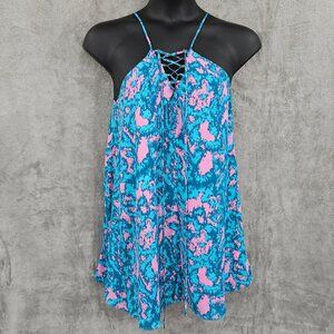 Izzy & Lola Marieta Dress M Blue Pink Tie Front Strappy Lined Boho Colorful New